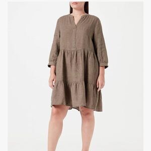 Bellambra Linen Tiered V-neck Roll Tab Sleeve Short Dress In Taupe Size M